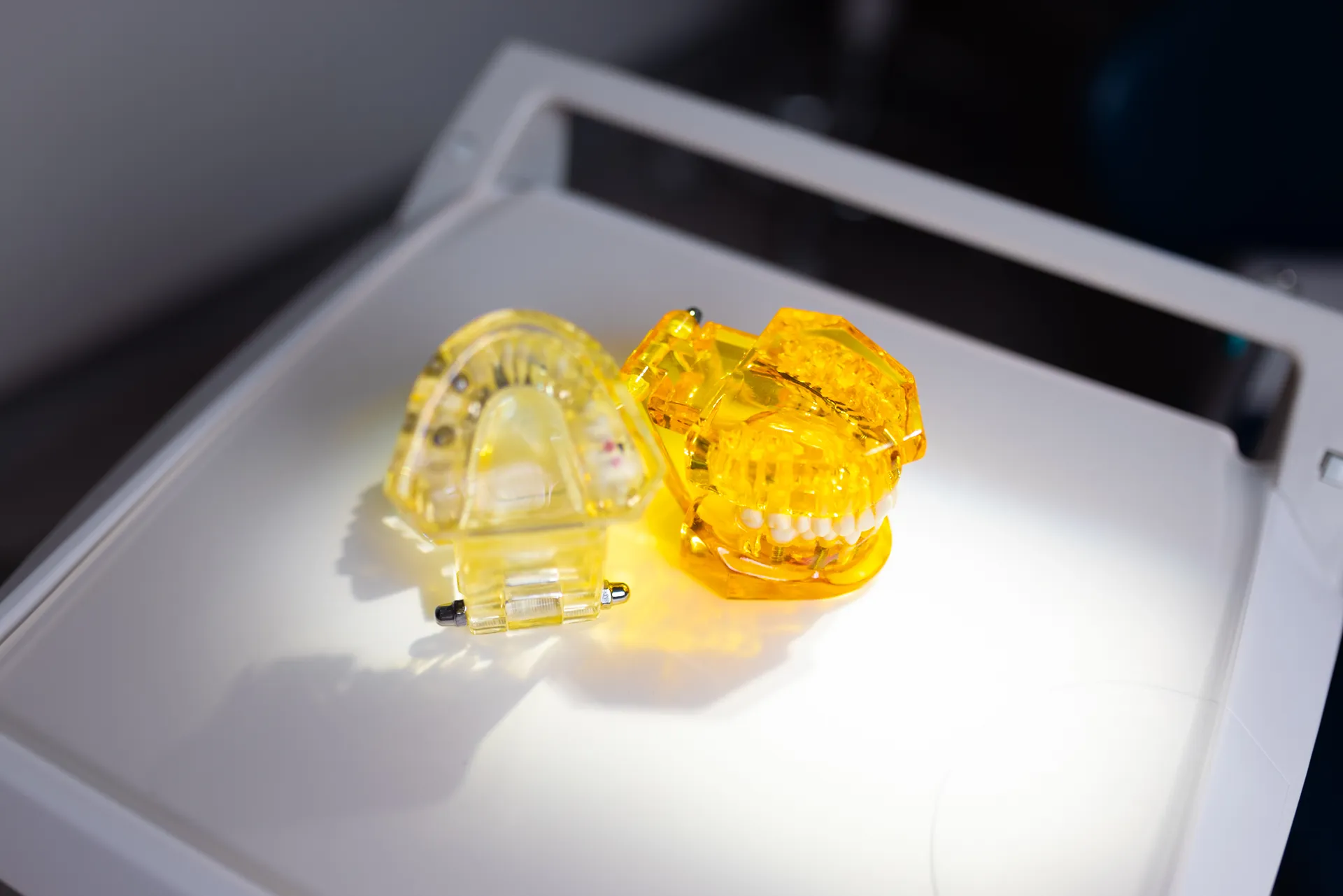 Two transparent yellow dental models on a white medical tray, one showing upper teeth and the other lower teeth with jaw hinge.